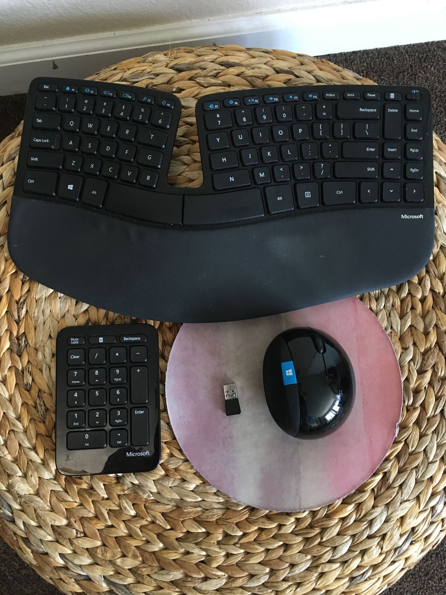 Microsoft wireless mouse and ergonomic keyboard with number pad