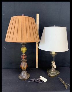 Very old antique Pair Mismatched Vintage Lamps with Shades size H 32" L 15" D 11", H 29" L 18"