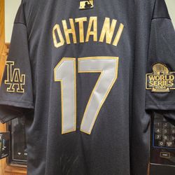 LA Dodgers OHTANI 17 Black with #34 VALENZUELA Memorial Patch & World Series CHAMPIONS PATCH