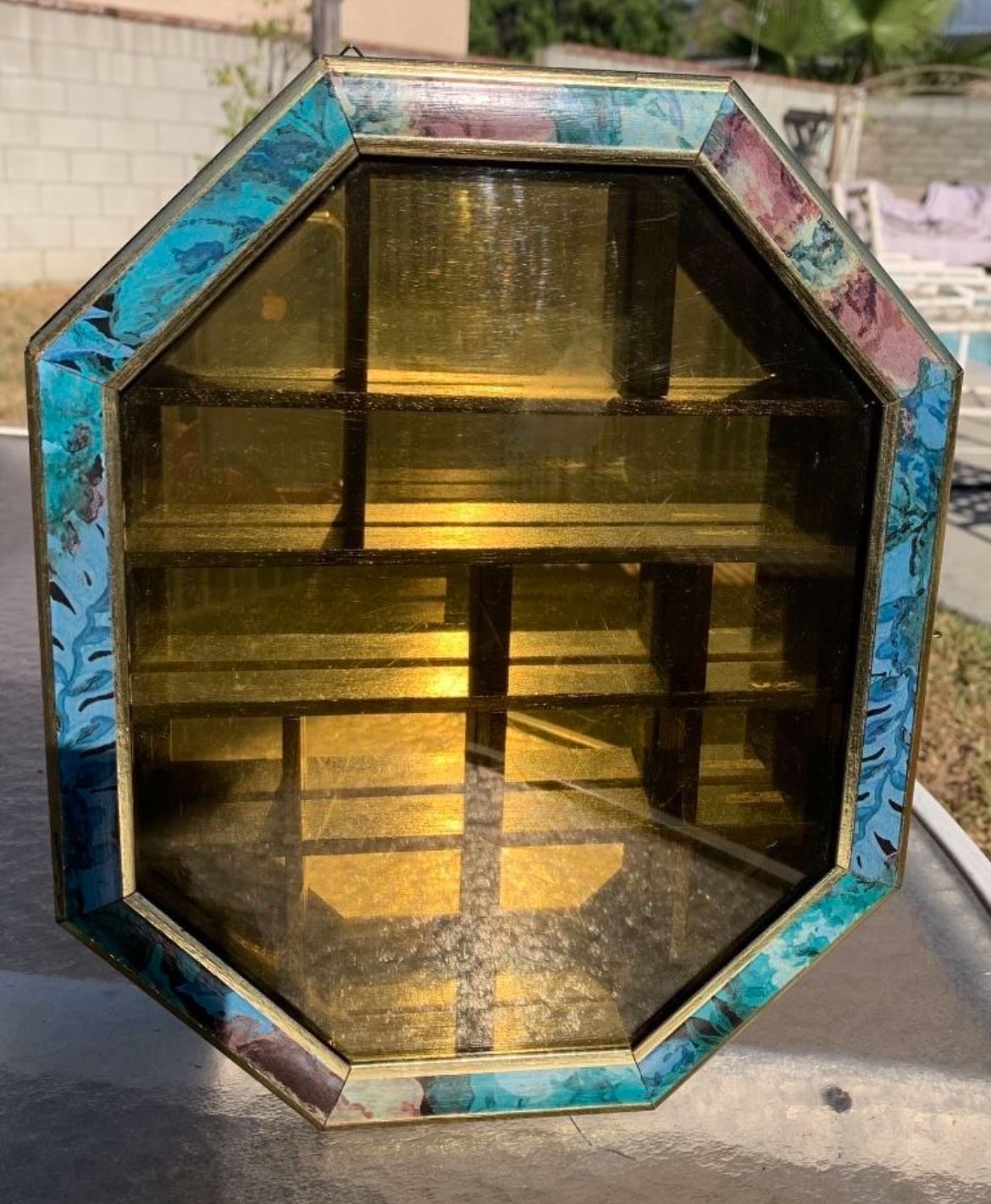 Vintage Jewelry Wall Curio Cabinet w/ Yellow Plastic Cover