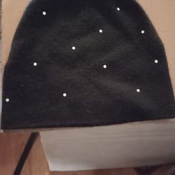 Hat Winter Skull Cap Black With White Rhinestones One Size 