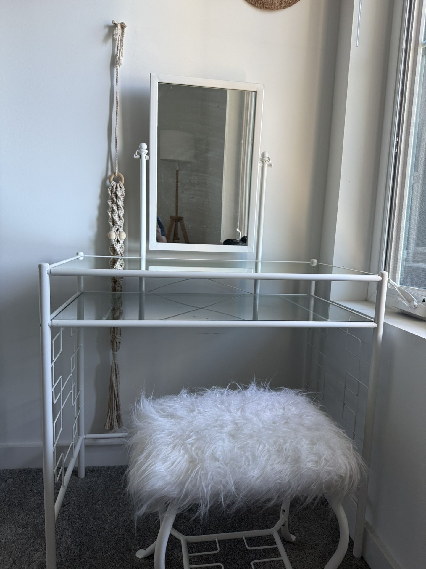 Move out Sale! Chic White Metal Vanity Desk + Fluffy Stool – Boho/Modern Style!