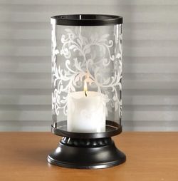 Etched Scroll Hurricane Pillar Candle Holder