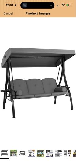 3 Seat Porch Swing with Adjustable Canopy, Patio Swing with Stand