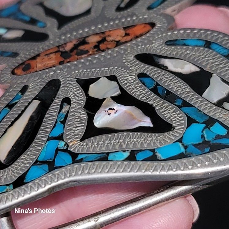 Nickel Silver Turquoise Abalone Shell Coral Inlay Butterfly Belt Buckle Marked D Nickel Silver Turquoise Abalone Shell Coral Inlay Butterfly  main image 4