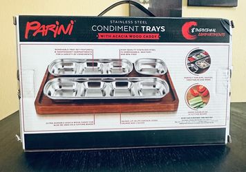 Parini Stainless Steel Condiment Trays with Acacia Wood Caddy with 8 individual compartments