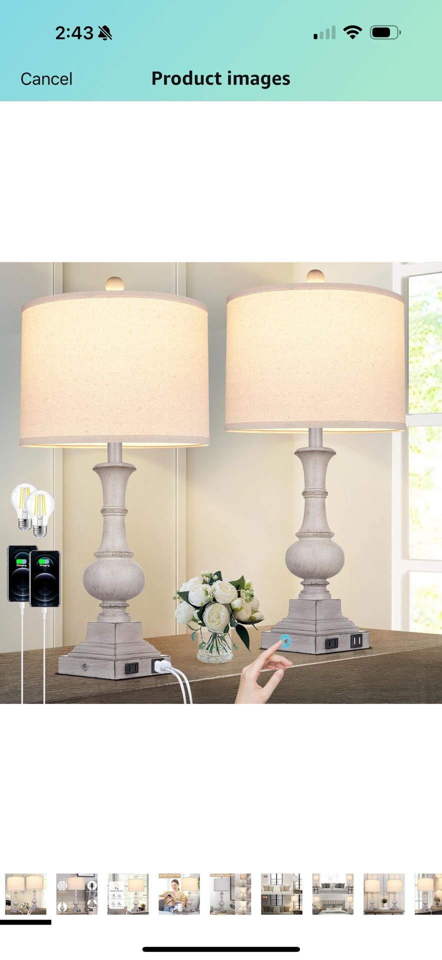 26" Farmhouse Table Lamps Set of 2, Rustic Touch Control Bedside Lamps with 2 USB Ports & AC Outlet, Vintage Resin 3-Way Dimmable Nightstand Lamp Line