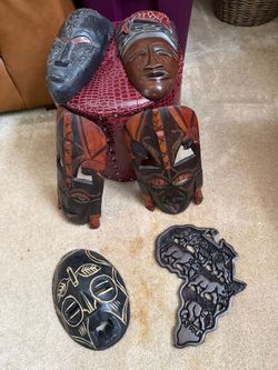 African Carved Wooden Masks and Wall Art Set