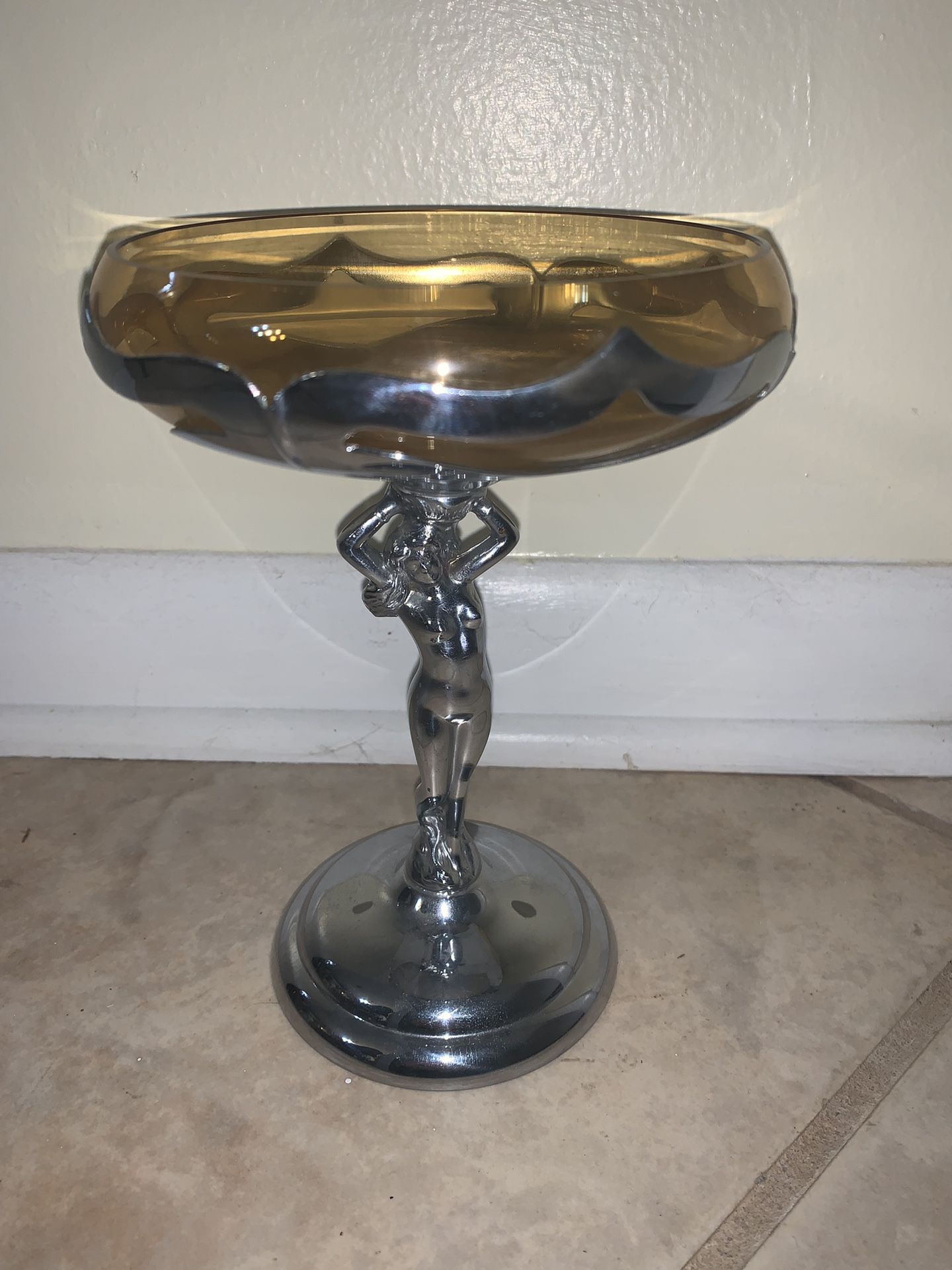 Farber Bros. Krome Kraft Chrome / Amber Glass Nude Woman Compote Candy Dish