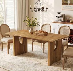QL0088 63" Solid Wood Dining Table for 4-6, Farmhouse Kitchen Table with Cutout Bases