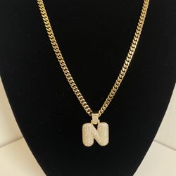"N" Initial Bubble Pendant with 14K Gold Plated 5mm Cuban Link Necklace Set