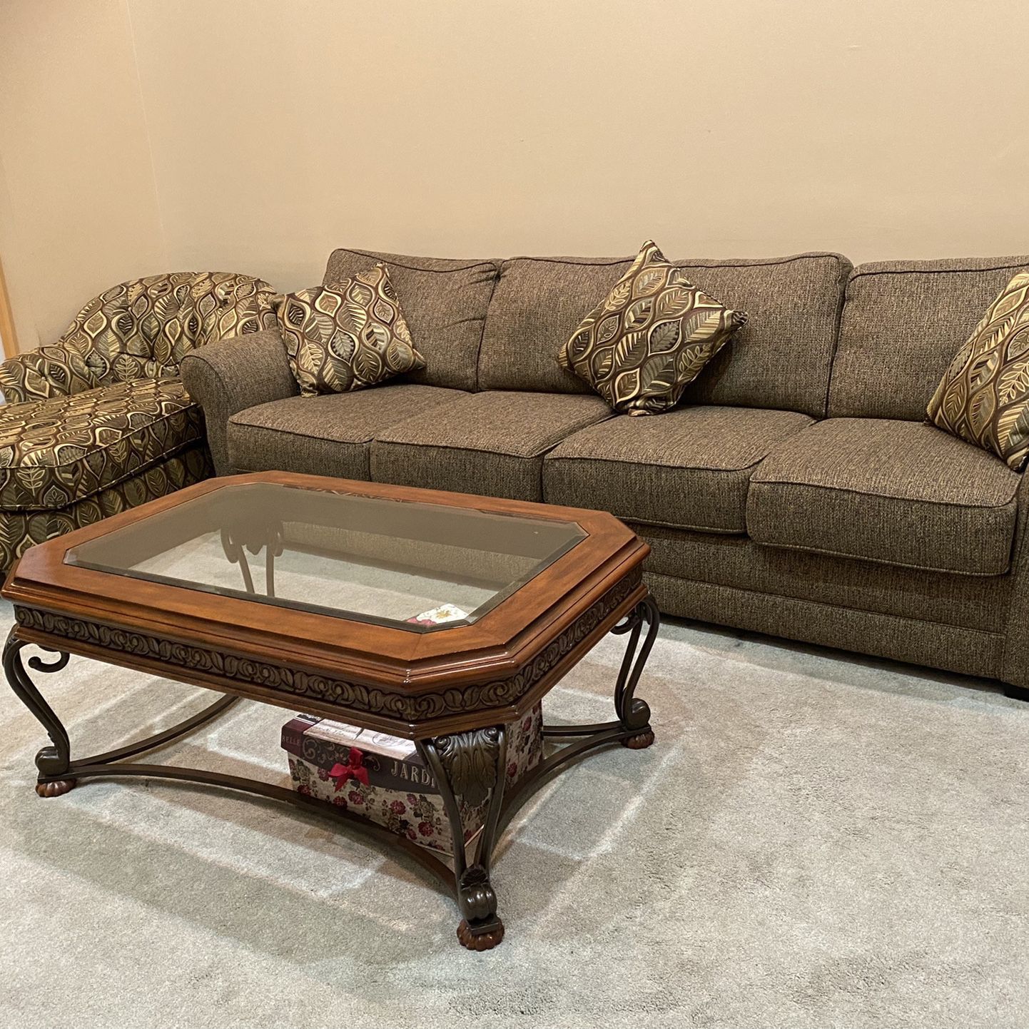 Sofa And Chaise With Wood, Glass & Metal Coffee Table