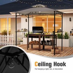 8x5 Ft BBQ Grill Gazebo with Metal Frame, 2 Shelves and 6 Hooks – Grey