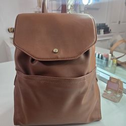 Brown Faux Leather Backpack With Adjustable Straps
