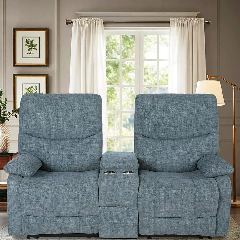 Reclining Sofa With Two Chair Recliners In Couch, With Center Console Light Blue Fabric