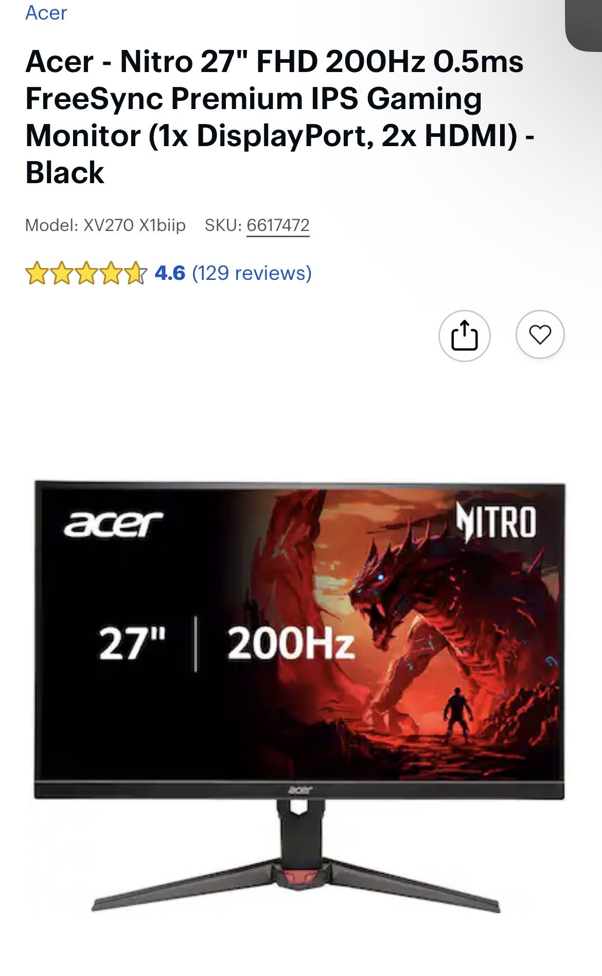 Acer Nitro 27” 200hz 0.5ms Rt Black Gaming Monitor