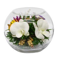 Flowers  Natural White Orchids and Rose in a Round Glass Vase 71874