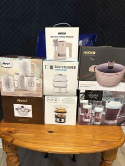 glass barware , Dutch Oven 10”, Hand Mixer, Coffee Mug Set, Food Steamer, Egg Steamer& Strainer