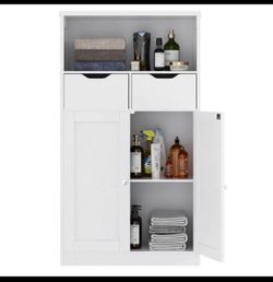 42.5”H White Bathroom Storage Cabinet with 2 Drawers, Doors & Adjustable Shelf