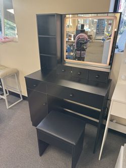 Vanity Desk with Mirror & Lights, Makeup Dressing Table Set W/ 3 Tiers of Open Shelf & 3 Drawers, 3 Adjustable LED Lighting Modes, Wooden Makeup Plays