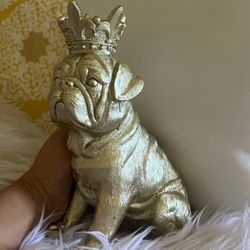 Gold Pug Statue & Lavender Plant