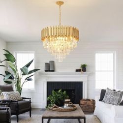 Crystal Chandelier Light, 23 Inch Round Gold Pendant Light, Hanging Light Fixtures, Ceiling Light Fixtures for Dining Room Living Room Bedroom 