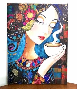 Vibrant Decorative Art of a Woman Drinking Coffee oPlease Read Description