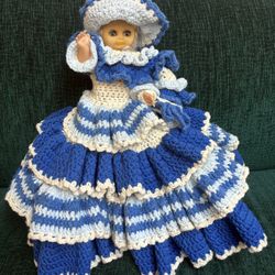 Vintage Hand Crafted Crocheted Bed Doll With Blinking Eyes Pivoting Head And Arms