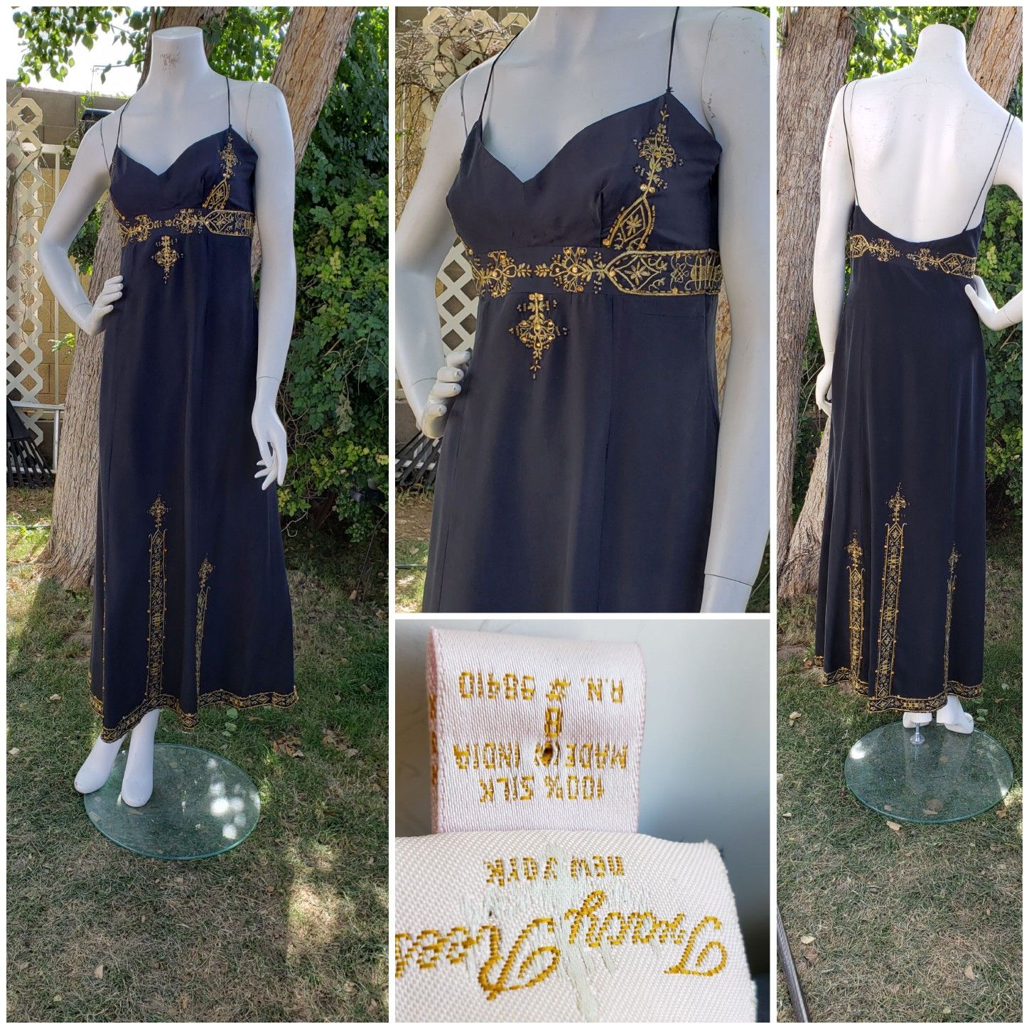 Tracy Reese Long black gold sequin embroidered boho evening silk dress SZ 8