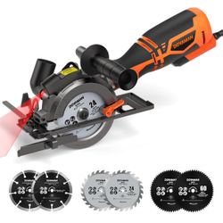 Circular Saw, 5.8A 4-1/2" Circular Saw w/Laser, Metal Auxiliary Handle, 6 Saw Blades (4½", 4¾"), Cutting Depth 1-11/16" (90°), 1-3/8" (45°), Ideal for