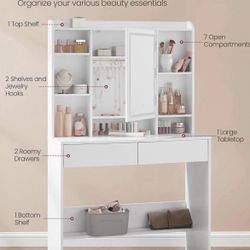 Vanity Desk with Mirror and Lights, Makeup Vanity with Upholstered Vanity Stool, Dimmable LED Lights, Adjustable Shelves, 7 Compartments, 