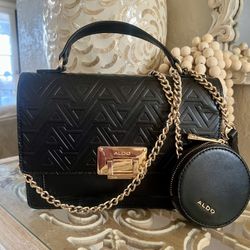 Aldo Black Purse Bag With Gold Chain Crossbody And Coin Wallet