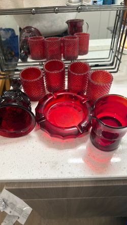 Ruby Red Glass Collection Tumblers Ashtray Pitcher