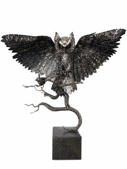 Huge Metal Owl Sculpture Signed