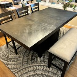 Extending Dining Table w/ storage + Storage bench, 3 Chairs & Extender