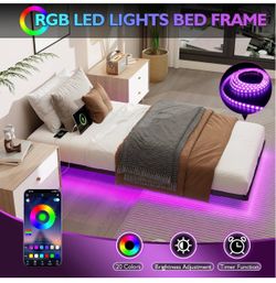 TWIN XL Floating Metal Platform Bed Frame With LED Lights & Charging Station- $80 Firm