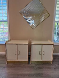 Vintage Cream Lacquered Solid Wood Nightstands/Cabinets – Gold Trim – $50 for Both
