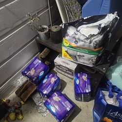 FOR CAREGIVERS Sz S/M daytime and nighttime adult pullups, diaper trashcan, hip replacement foams, rash cremes and showerless cleaning items