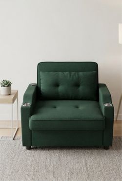 Modern Green Convertible Sleeper Armchair - Pull Out Bed with Power Outlet & Cupholders