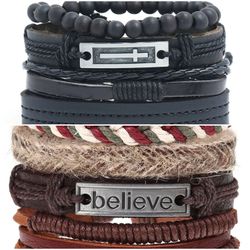 2 x Set Adjust. Size up to 9.5inc Leather Bracelet, (Cross_2-Believe_2)