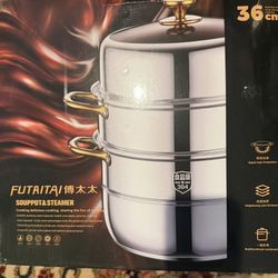 2Layer Stainless Steel Steamer Pot Multi-functional Double Bolier With Golden Handle SS304 Dumpling Pot 36 Cm