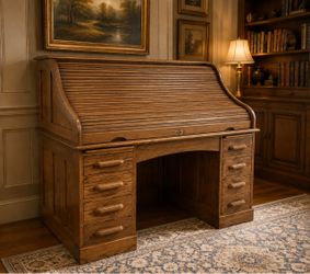 Like NEW Vintage OAK ROLL TOP DESK w Double PEDESTAL