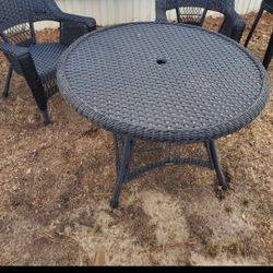 Resin Wicker Table and Two Chairs with Umbrella Stand
