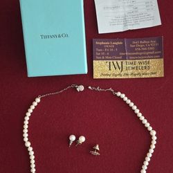 21 inch Tiffany and Company 72 pearl necklace with pearl earrings and extras. Verified authentic.