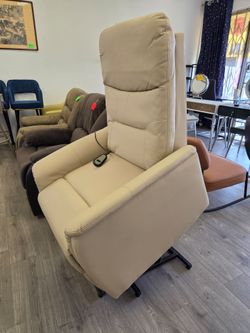 Cream Leather Power Lift Recliner Chair