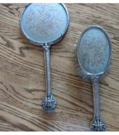 1930's Brass Mirror and Hairbrush made with Horsehair 