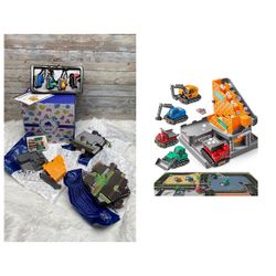 Construction Truck,Geyiie Construction Vehicles Playset with Map, Small Die Cast Vehicle Truck with Ball Up and Drop DIY Tower, Digger,Tractor, Dump T