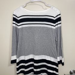 Charter Club Women’s Long Sleeve Striped White & Grey Round Neck Shirt (Size L)