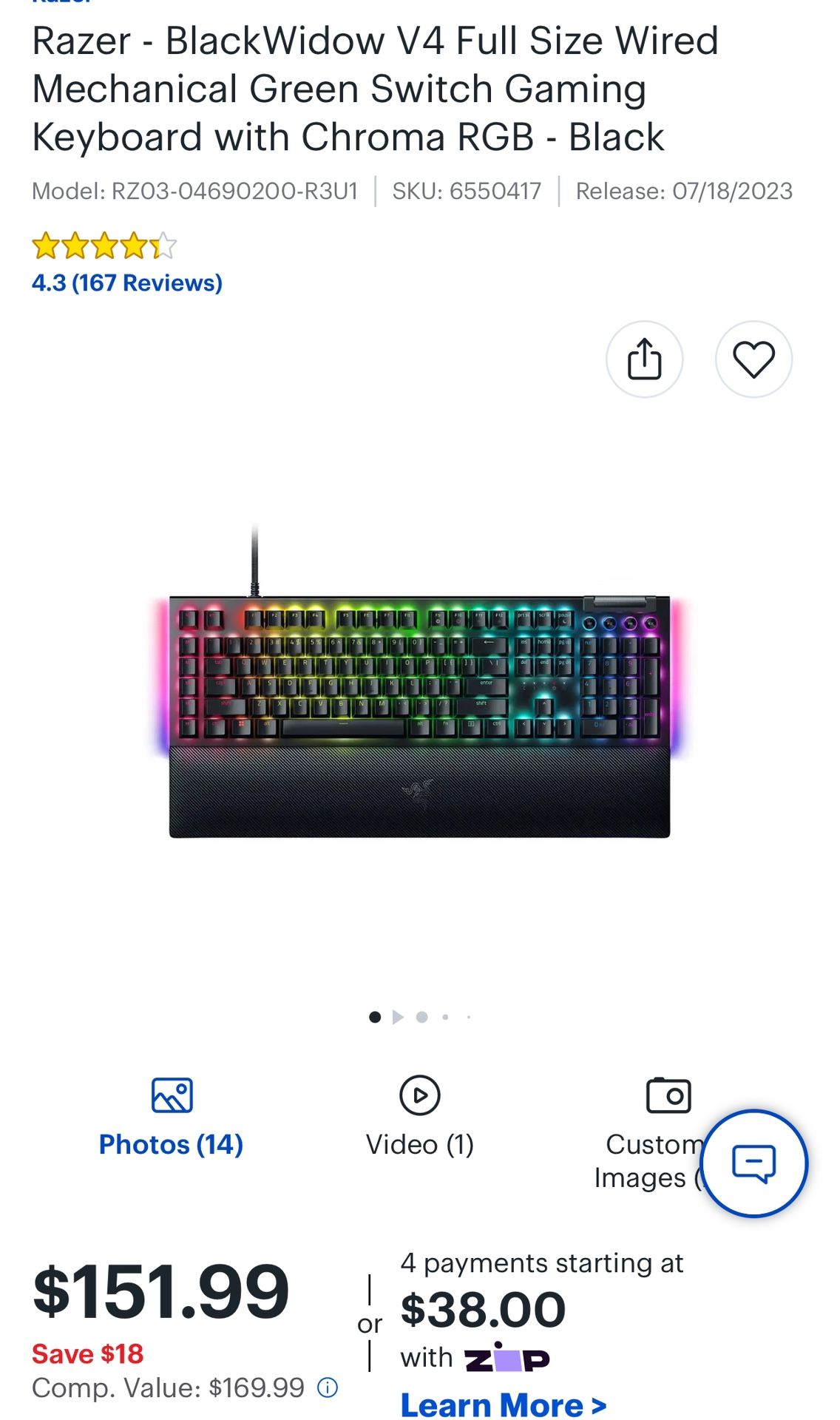 Razer BlackWidow V4 Full Size Wired Mechanical Green Switch Gaming Keyboard with Chroma RGB Black