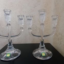 Crystal Pair Marquis Waterford Crystal Sorrento Candelabras 3 Light Candlesticks Made in Austria. Excellent wedding birthday or other special celebrat